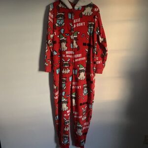 GRUMPY CAT One-Piece Hooded Pajamas Red Faux Fur Soft Christmas Jammies Sz 2X
